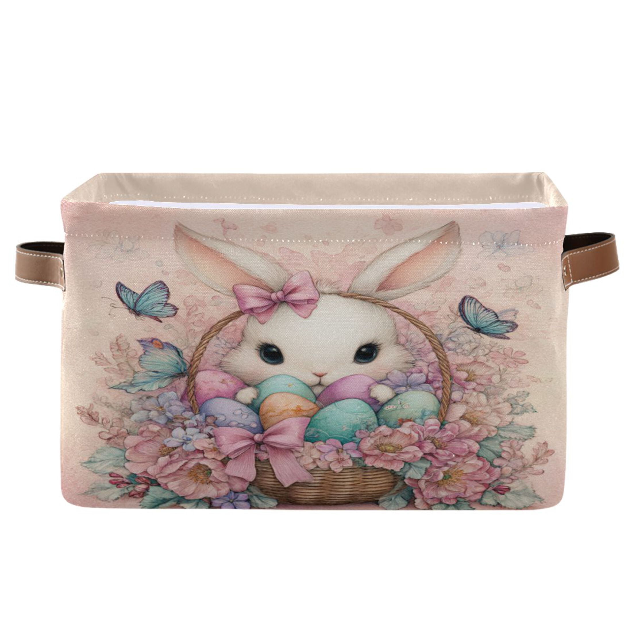 Wobogo Adorable Easter Bunny Square Storage Basket Set of 2 with Waterproof Canvas and PE Lining Durable PU Leather Handles 14.2×10.2×8.3in