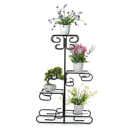 Multiple Flower Stand 4 Tier Metal Shelf Flower Pot Plant Stand Rack Home Garden Indoor Outdoor Patio Decor- Black/White ()