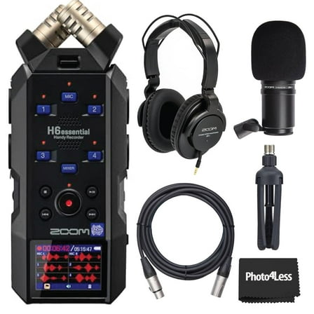 Zoom H6essential 6-Track 32-Bit Float Portable Audio Recorder Bundle With Zoom ZDM-1 Podcast Mic Pack with Headphones, Windscreen, XLR Cable and Tabletop Stand