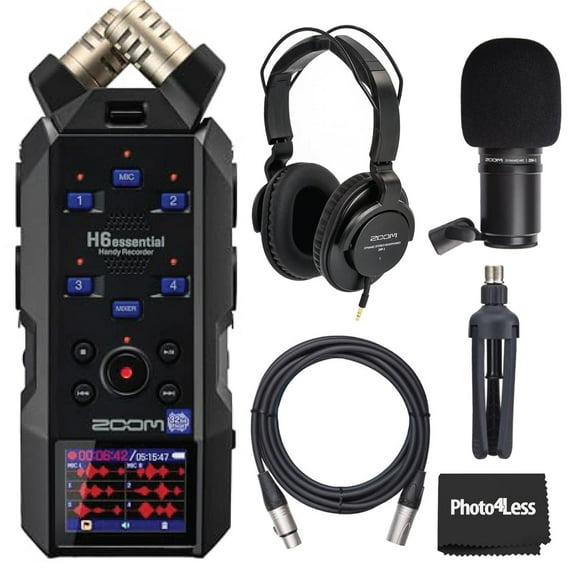 Zoom H6essential 6-Track 32-Bit Float Portable Audio Recorder Bundle With Zoom ZDM-1 Podcast Mic Pack with Headphones, Windscreen, XLR Cable and Tabletop Stand