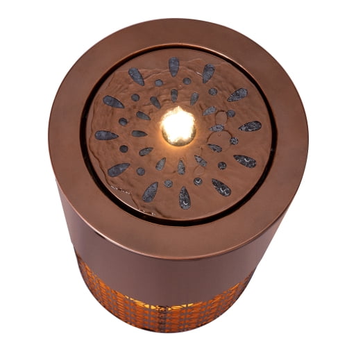 20" Metal Outdoor Water Fountain with LED Lights, Modern Candle Style Cutout Water Feature for Patio Garden Backyard Decor, Brown