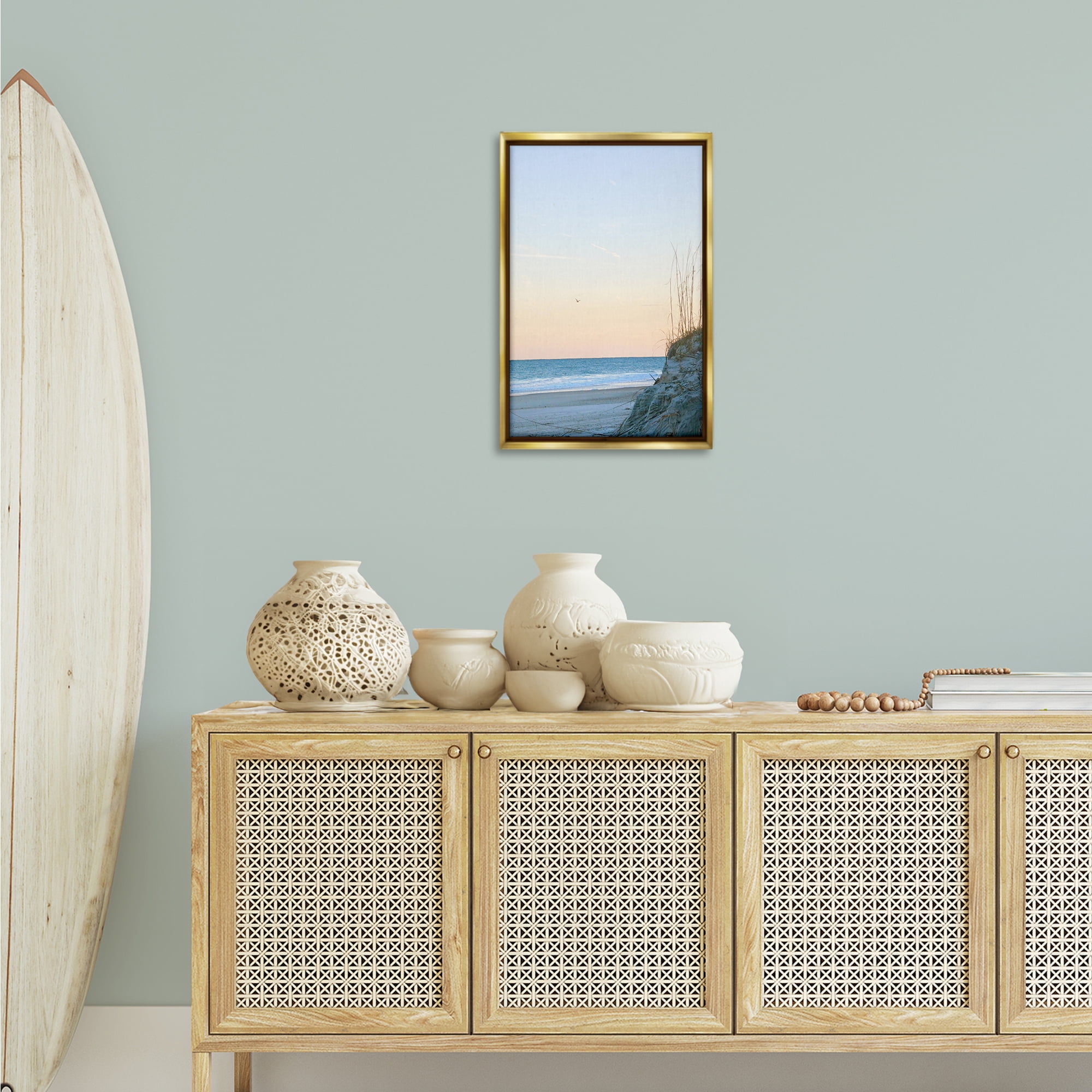 Stupell Industries Serene Beach Sunset Landscape Photography Gold Floater Framed Canvas Art Print Wall Art, 17 x 25
