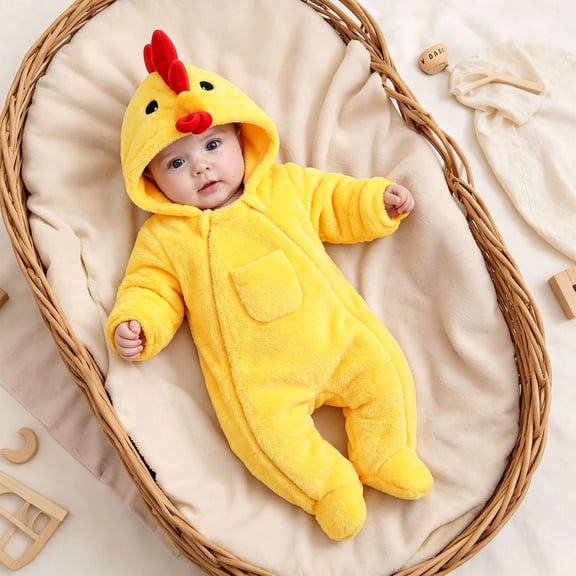 CUZIBR Halloween Boy Girl Fuzzy Chick Onesie Animal Romper Jumpsuit Hooded Zip Up Long Sleeve Soft Cosplay Party Clothes,Yellow,1-3 Months