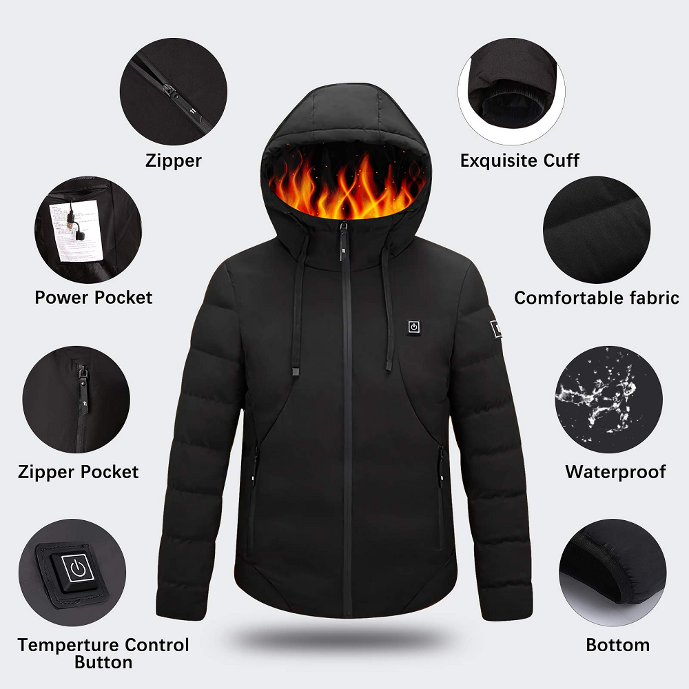 UKAP Men Heated Coat Electric Thermal Coat Jacket Winter Hooded Outwear Outdoor Heating Warm Jackets with 10000mAh Battery Pack - image 4 of 10