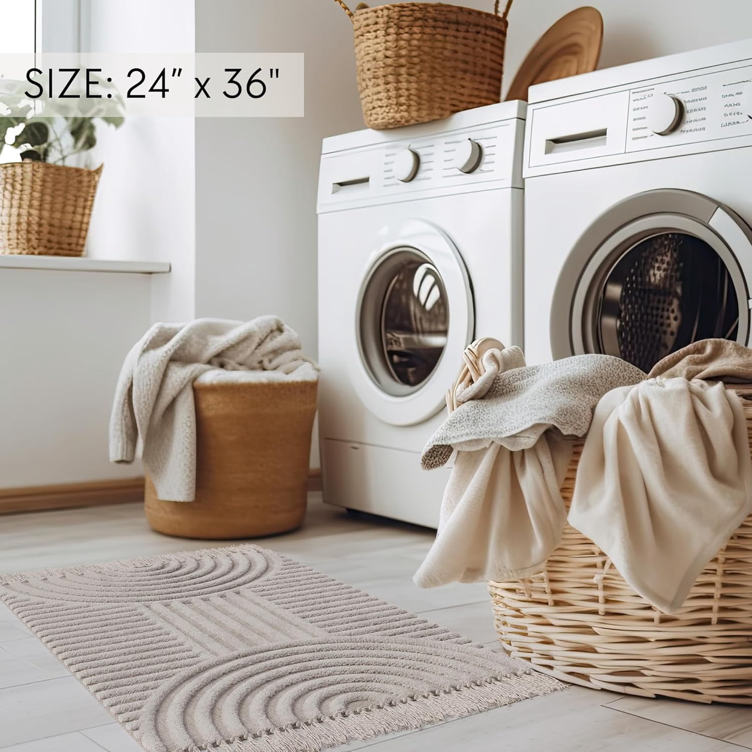 Boho Bathroom Rug with Tassels - Soft, Washable, Non-Slip Cotton Mat - Perfect 2x4.3 ft. Size to Enhance Modern Home Decor