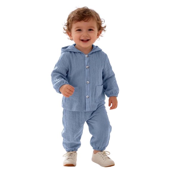 Tiijoy Infant Boys Outfit Set Casual Lightweight Hooded Long Sleeve Shirt Pants Set, Blue