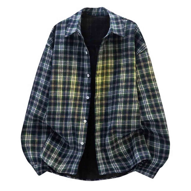 Blusa y camisa de manga larga con cuello vuelto para hombre, blusa informal a cuadros a la moda con botones y cuello vuelto, blusa de poliéster para hombre