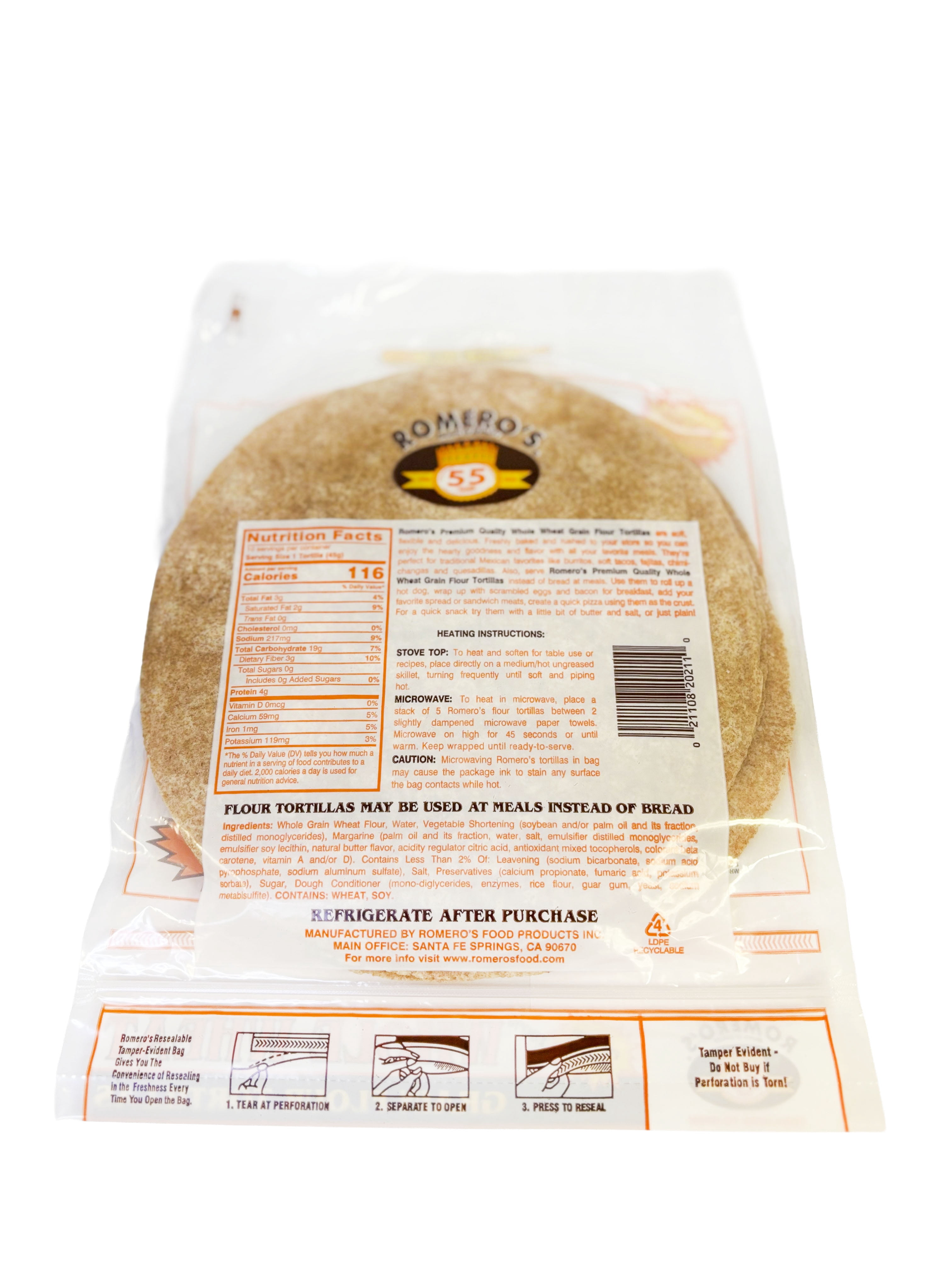 Romero's Whole Wheat Grain Tortilla (10 Count), 16 oz Bag