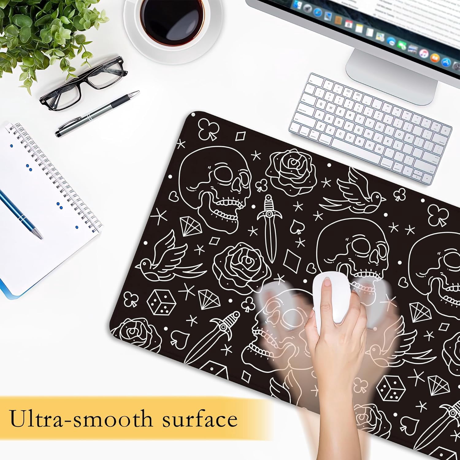 Skull Head with Rose Desk Mat,Large Gaming Mouse Pad,Non-Slip Rubber Base Mousepad with Stitched Edges,Waterproof Mouse Mat Desk Pad for Work, Game, Office (31.5x15.7 in)
