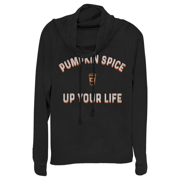 Junior's CHIN UP Pumpkin Spice Up Your Life  Cowl Neck Sweatshirt Black Medium