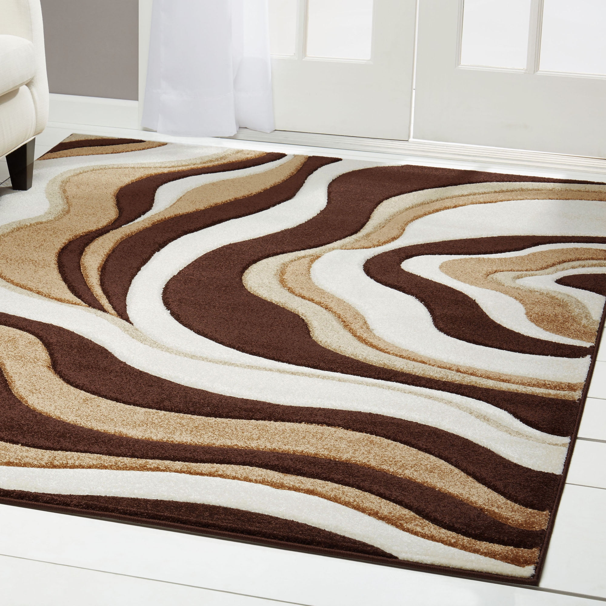 Brown Modern Abstract Area Rug Hand Carved Swirls Curves Rug: Actual