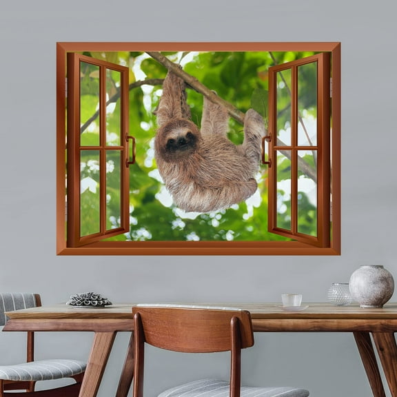 wall26 - A Sloth Hanging on a Tree Branch Outside of an Open Window | Removable Wall Sticker/Wall Mural - 36"x48"