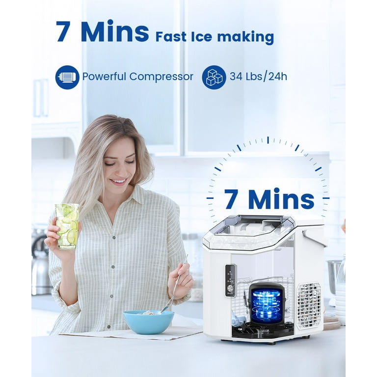 Kissair Nugget Ice Maker Countertop with Soft Chewable Pellet Ice, Portable Ice Machine with Handle, 34lbs/24H, One-Click Operation for Home/Party (
