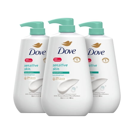 Dove Body Wash With Pump Sensitive Skin 3 Count Hypoallergenic, Paraben-Free, Sulfate-Free, Cruelty-Free, Moisturizing Skin Cleanser Effectively Washes Away Bacteria While Nourishing Skin 30.6 fl oz