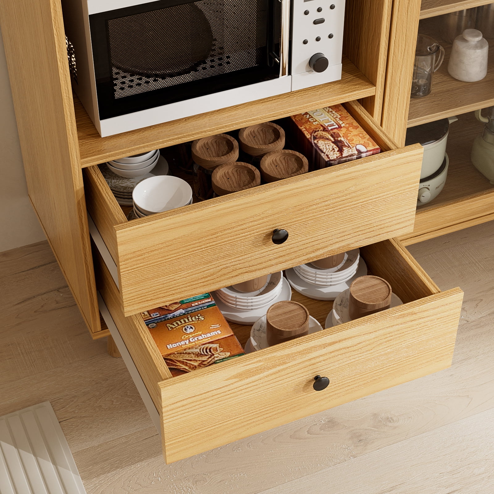 RichYa 72.5''H Pantry Cabinet with Doors & Drawers,Kitchen Storage Cabinet with Microwave Shelf & Wine Rack,Hutch Cabinet Coffee Bar for Dining Room,Wood