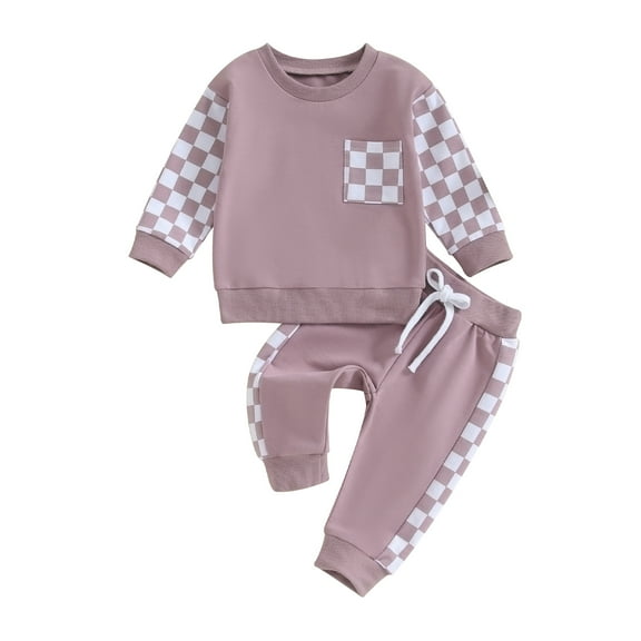 Chengji Chengchuan Casual Checkerboard Print, Patchwork Long Sleeve Sweatsuit, Infant