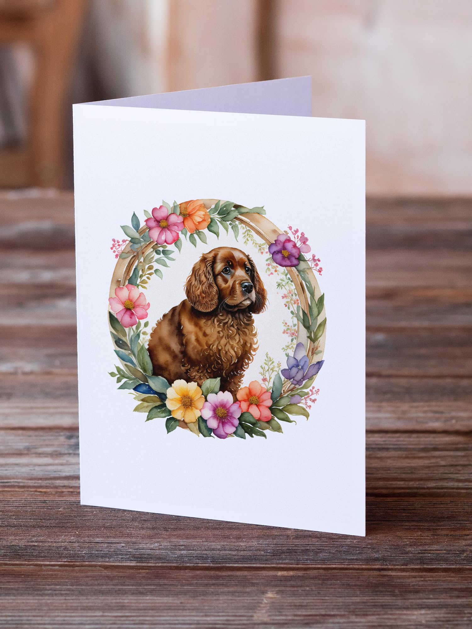 American Water Spaniel and Flowers Greeting Cards and Envelopes Pack of 8 7 in x 5 in