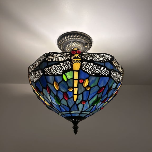 Tiffany Ceiling Lights Fixture Blue Stained Glass Dragonfly 12-Light LED Bulbs Included for Living Room Bedroom Kitchen