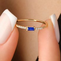 vylahjewellery Elegant Women’s Rose Gold Plated Engagement Rings – Baguette Blue Diamond Moissanite Ring – Dainty Slim Stacking Band with Side Stones Ring