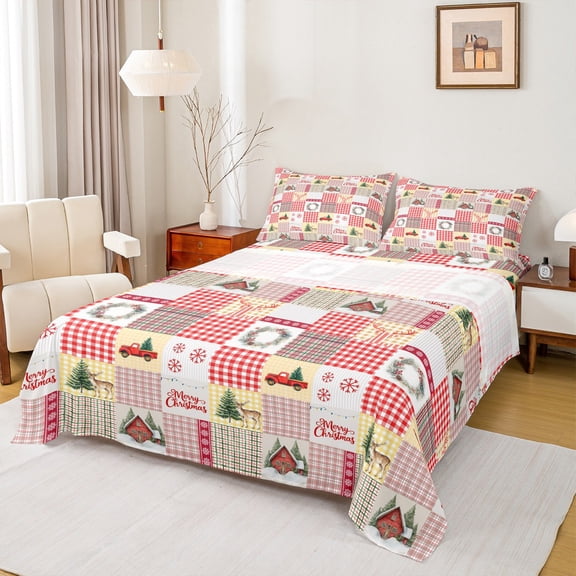 Homewish Christmas Wreath Floral Twin Sheet Sets,Green Xmas Tree Twin Fitted Sheet,Patchwork Geometric Check Flat Sheet For Girl Teens,Microfiber Bedroom Decor,3-Piece