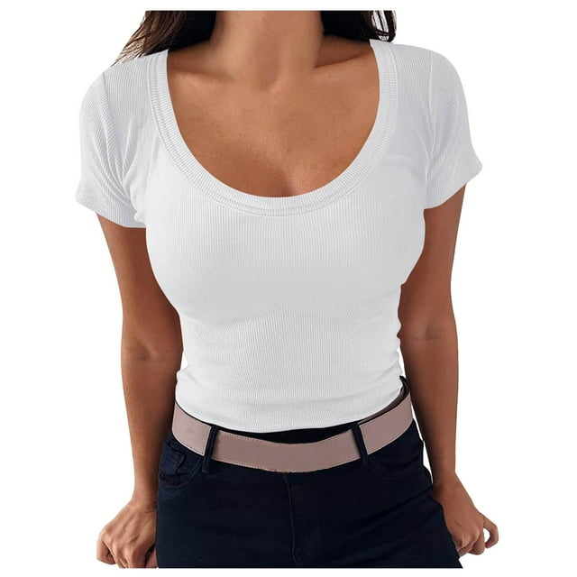 AherBiu Going out Tops for Women Ribbed Crop Tops Short Sleeve Scoop Neck Slim Basic Summer Top Tees Shirts