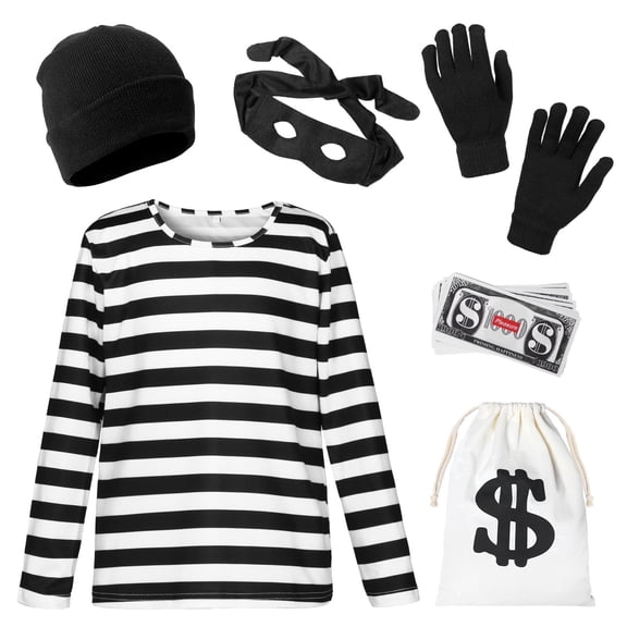 Alaiyaky Robber Costume Set Burglar Costume Thief Costume with Hat Black Mask Gloves Swag Bag Thief Costume for Men Women Halloween Party