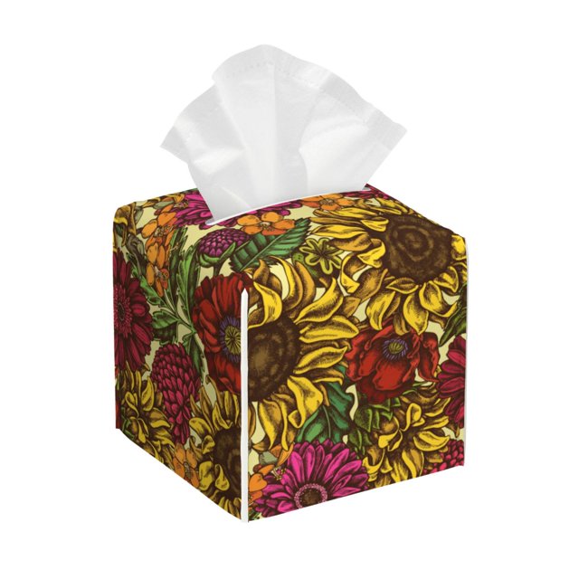 Fotbe Sunflower Porta Pañuelos Decorativo de Cuero, Caja Cuadrada Moderna para Pañuelos Faciales, Organizador y Dispensador 5x5x5''