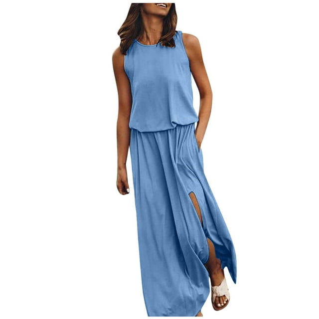 Robe d'Été 2025 pour Femmes Robes d'Été pour Femmes Décontractées Sans Manches à Col Rond Maxi Robe d'Été Décontractée Robes pour Femmes Couleur Unie Fente Mignonne Robe d'Été Ouverture