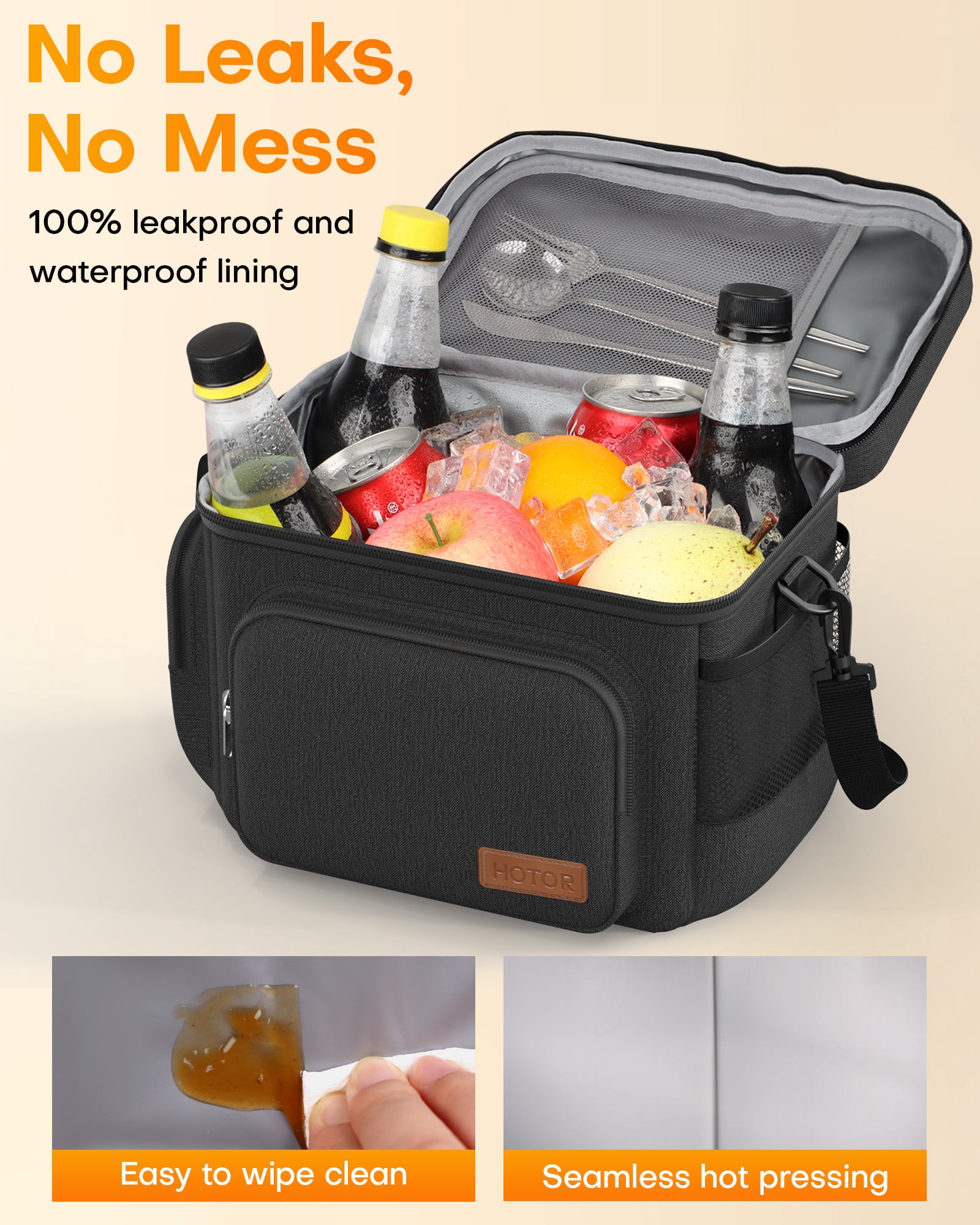 HOTOR Insulated Lunch Box, Leak-Proof Cooler Bag with Adjustable Strap & Multiple Pockets, 9.8" x 8.7" x 5.9", Black