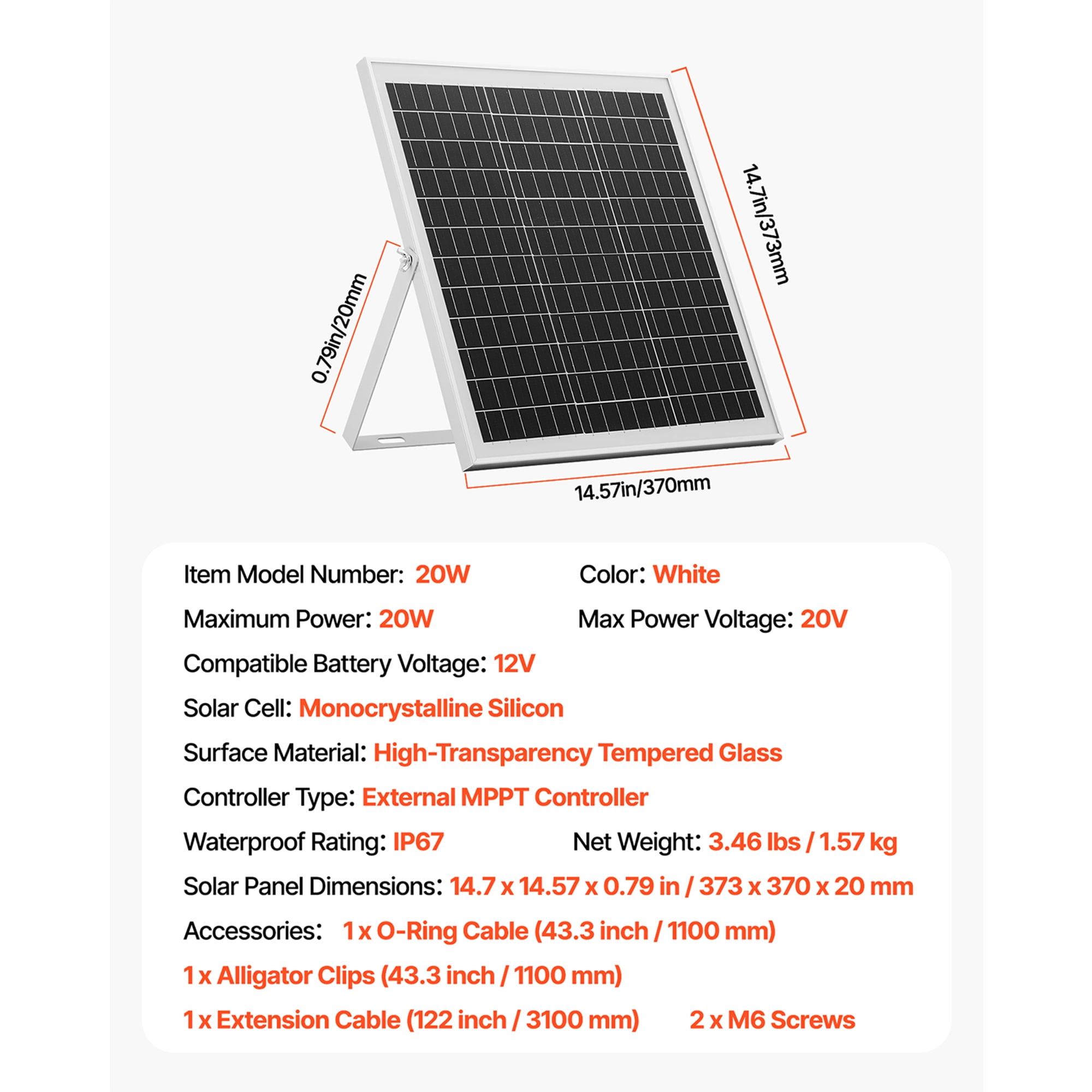 KFFKFF 20W 12V Solar Panel Charger, Solar Battery Maintainer with Smart MPPT Controller & Adjustable Mount, IP67 Waterproof for Cars, Boats, RVs, Motorcycles, and Trailers
