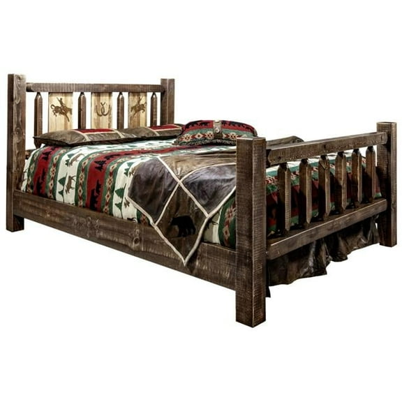Montana Woodworks  Homestead Collection King Size Bed with Laser Engraved Bronc Design, Stain & Clear Lacquer Finish