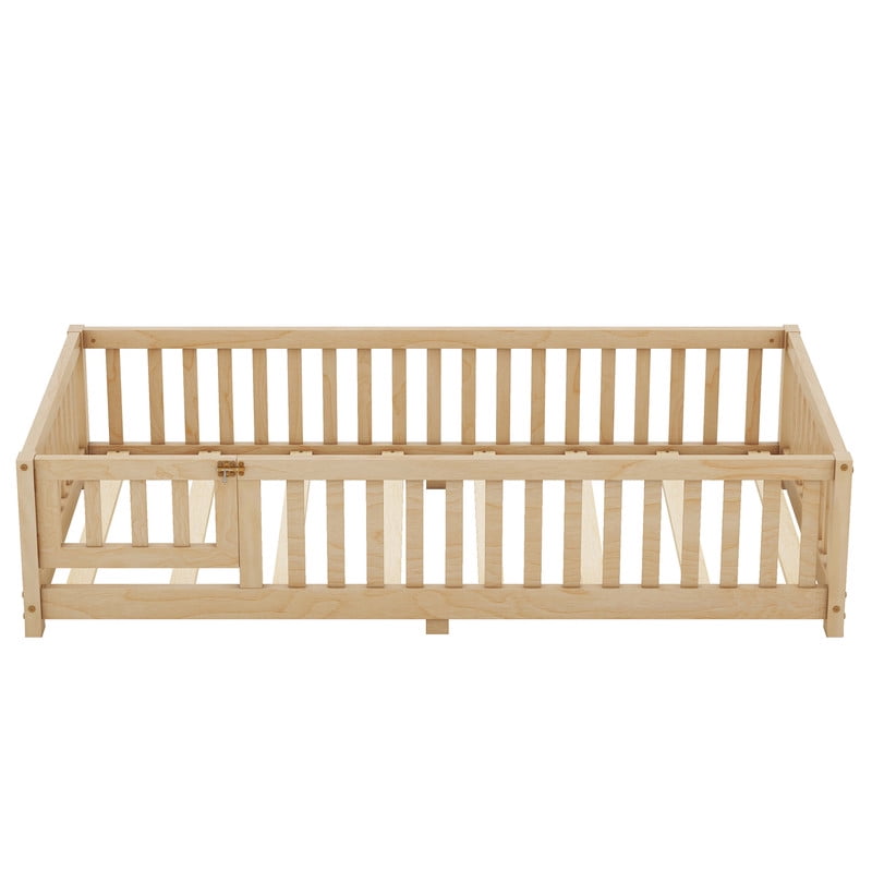 Twin Floor Bed, Wood Twin Size Montessori Bed with Rails, Twin Bed Frame with Slats, No Box Spring Needed,Natural
