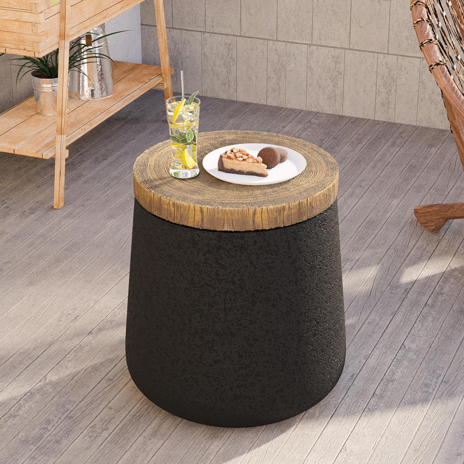 VENTOPYR Concrete Outdoor Side Table with Wood Grain Top,Small Cylinder Shaped Round Accent End Table for Patio, Garden,Black