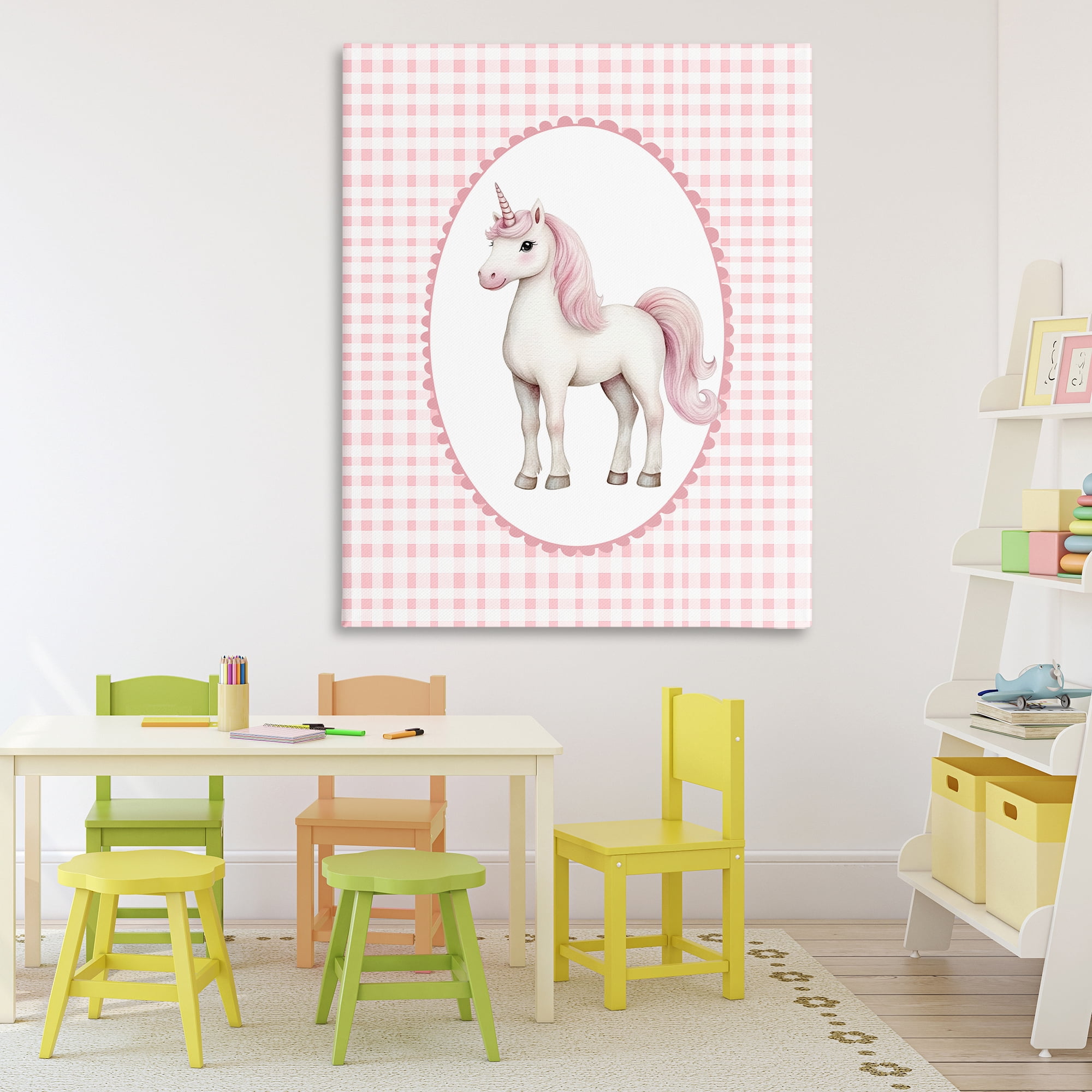 Stupell Industries Pink Gingham Unicorn Canvas Wall Art, design by Christine Simpson Art