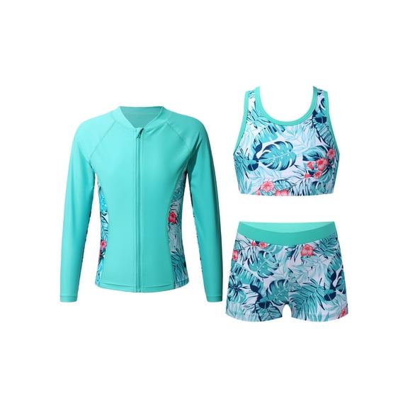 vastwit Girls 3 Piece Bathing Suit Tropical Tankini with Zipper Front Swim Tops Rash Guard Set Leaf 6