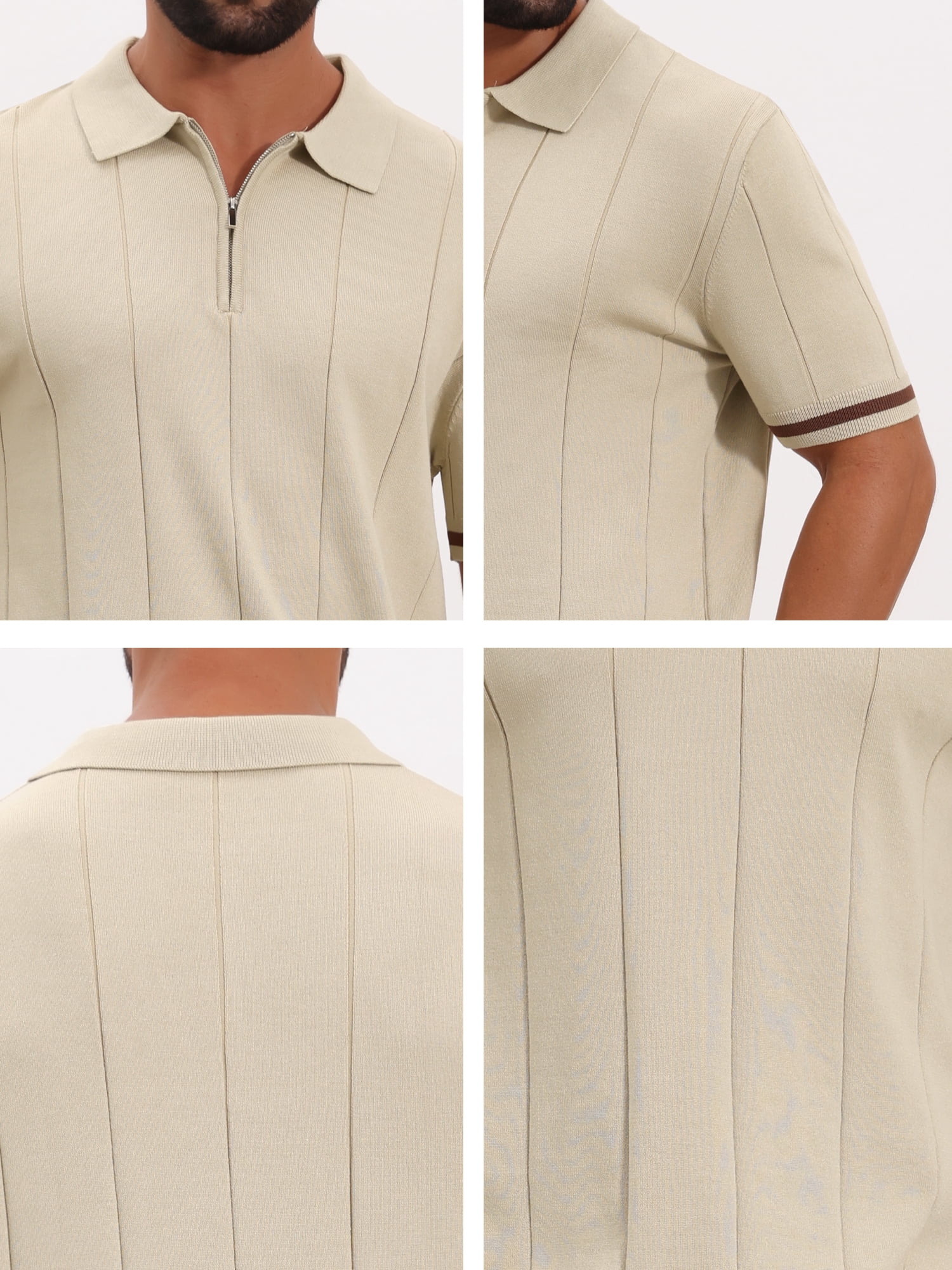 DARING DIVA Men's Textured Zip Up Ribbed Hem Short Sleeve Golf Polo Shirts L Beige