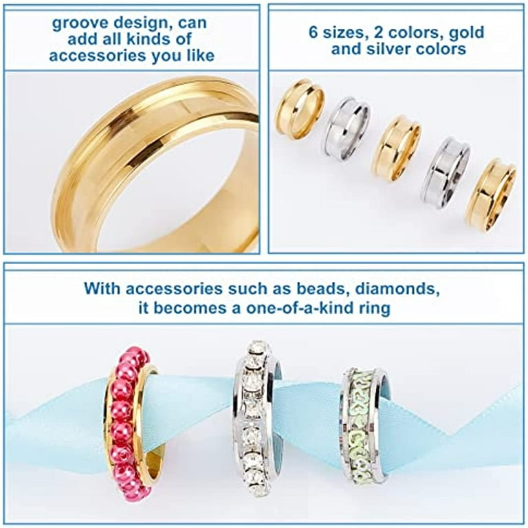 12pcs 2 Colors 6 Sizes Stainless Steel Grooved Finger Ring Metal Rings  Wedding Rings Core Blank for Inlay Ring Jewelry Making