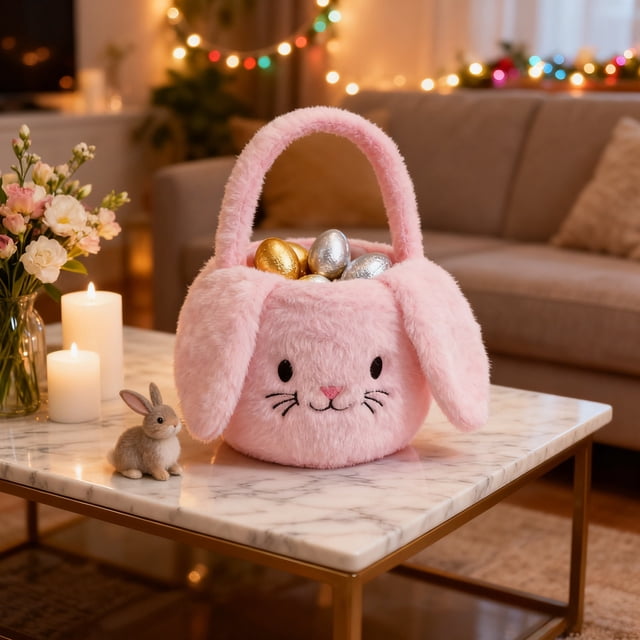 Plush Easter Bunny Basket Bags,Rabbit Bucket Tote with Long Fluffy Ears,Personalized Egg Hunting Bags,Easter Decorations Bunny Rabbit Easter Tote Bags for Easter Decorations Candy Gifts Toy Storage