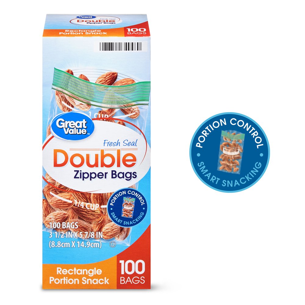 Great Value Fresh Seal Double Zipper Rectangle Portion Snack Bags, 100
