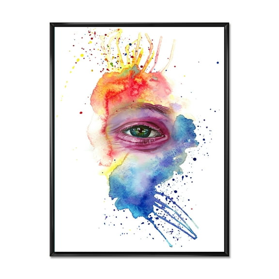 Designart 'Detail of Eye In Rainbow-Colored Face Portrait' Bohemian & Eclectic Framed Canvas Wall Art Print