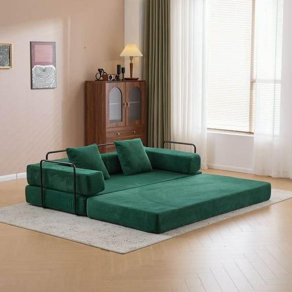 Convertible Floor Sofa Bed with Fixed-Shape Frame, Corduroy Compression Boneless Couch, Modular Foldable Floor Sleeper Sofa for Bedroom, Living Room, Dark Green