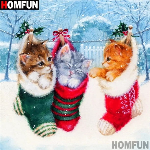 HOMFUN-pintura de diamante completo "gato de Navidad", cuadro artesanal de diamantes de imitación, 5D, bordado, decoración de punto de cruz, A30191