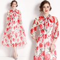 thumbnail image 1 of Dropshipping Nouvelle Robe Midi Décontractée d'Été et d'Automne avec Imprimé de Fruits, Nœud Papillon, Foulard à Col, Manches 3/4, Taille Empire, pour Femmes, Fête, Plage, 1 of 7
