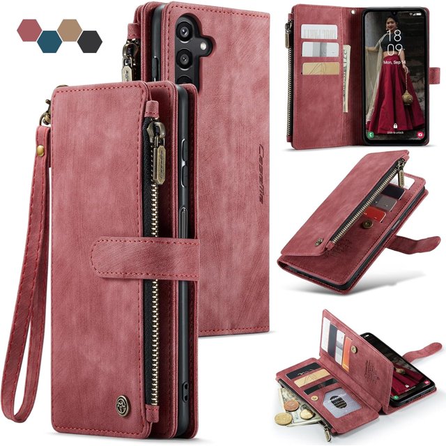 Para Samsung Galaxy A15 5G Funda tipo billetera con Tarjetero Soporte de Pie Bolsillo Magnético con Cremallera Correa de Cordón, Funda Tipo Billetera de Cuero con Tapa