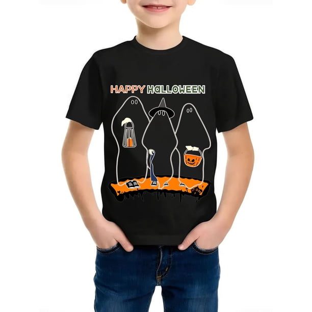 Halloween T-shirt - Three Halloween Ghosts Print, Boy's Novel Graphic Design T-shirt, Casual Comfy Tees For Summer, Boy's Clothing Tops For Daily activities