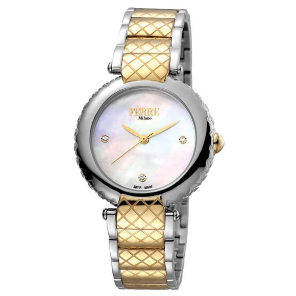 Ferre Milano FM1L099M0081 Montre Bracelet pour Femmes en Quartz Bicolore Or Fabriqué en Suisse avec Cadran en Nacre Blanche
