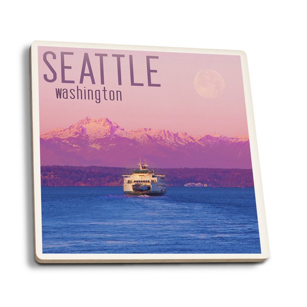 Seattle, Washington, Ferry and Purple Sunset (Absorbent Ceramic