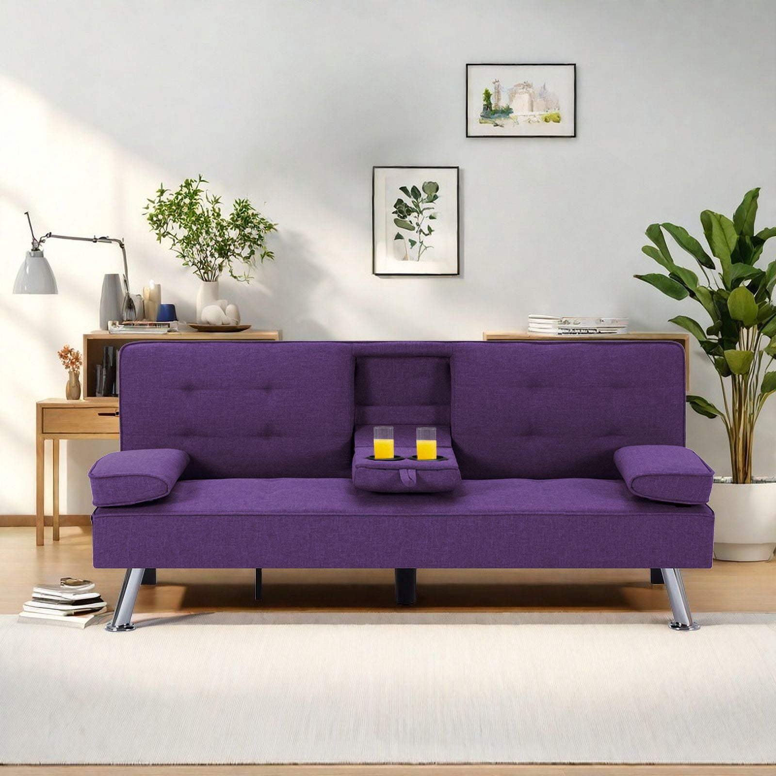 Gewnee Modern Futon Sleeper Sofa Bed Convertible Folding Recliner Couch Furniture with 2 Cup Holders for Livin g Room