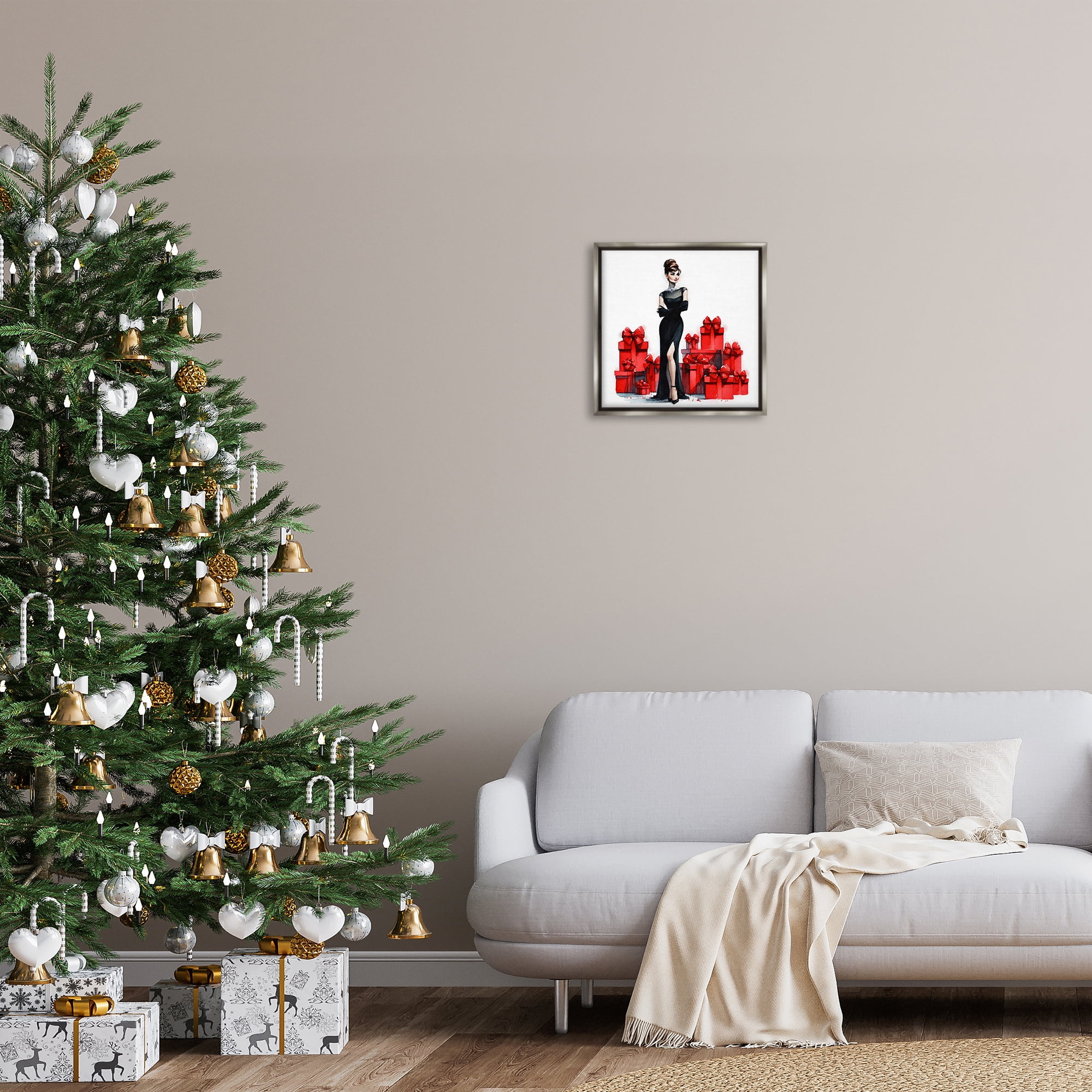 Stupell Industries Elegant Woman & Gifts Holiday Painting Gray Floater Framed Canvas Art Prints Wall Art, 18 x 18