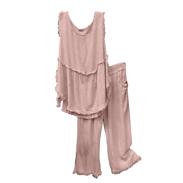 Ensembles d'Été pour Femmes Ensemble de Vêtements d'Été pour Femmes Col Rond Sans Manches Hauts Pantalons Ensembles Pantalon Complet Style S_1023 Survêtements pour Femmes Roses 5TG